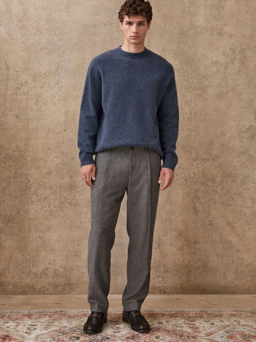 Grey Regular Tapered Fit Smart Textured Trousers With Wool