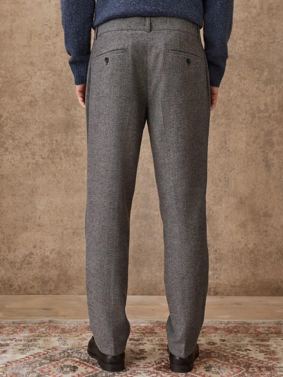 Grey Regular Tapered Fit Smart Textured Trousers With Wool