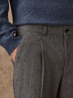 Grey Regular Tapered Fit Smart Textured Trousers With Wool