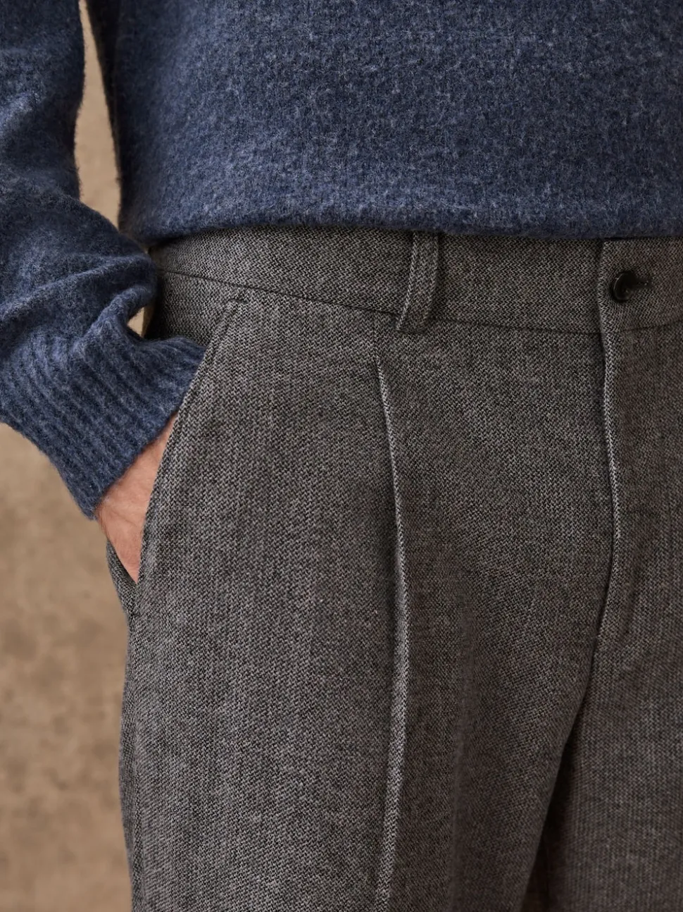 Grey Regular Tapered Fit Smart Textured Trousers With Wool