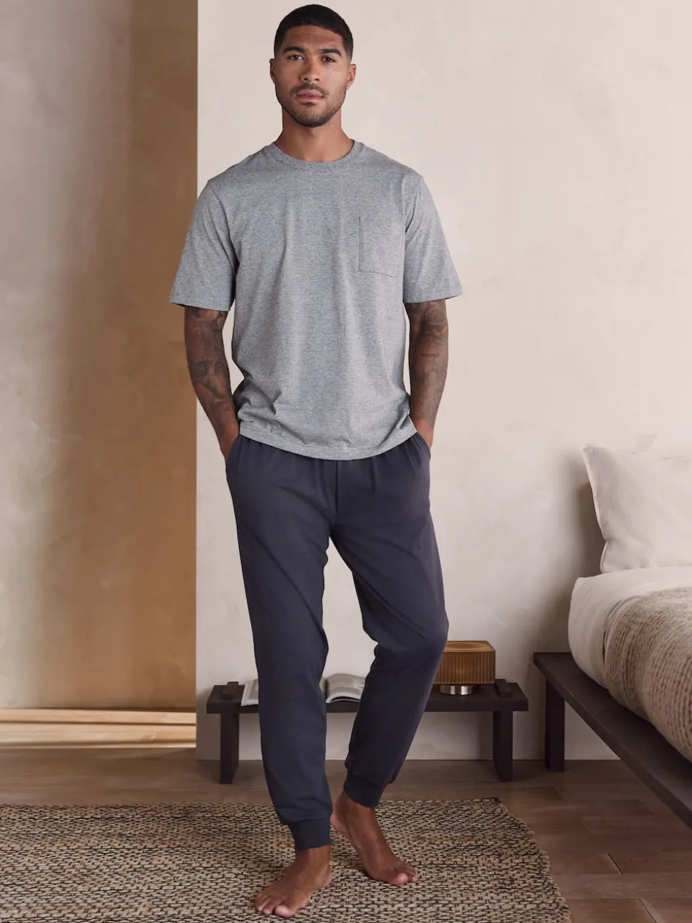 Grey Short Sleeve Cuffed Jersey Pyjamas Set