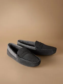 Grey Signature Suede Fabric Trim Moccasin Slippers