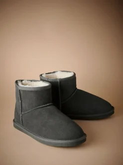 Grey Signature Suede Slipper Boots with Faux Fur Lining