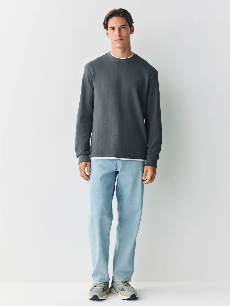 Grey Slate Long Sleeve Mock Crew Neck T-Shirt