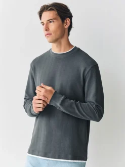 Grey Slate Long Sleeve Mock Crew Neck T-Shirt