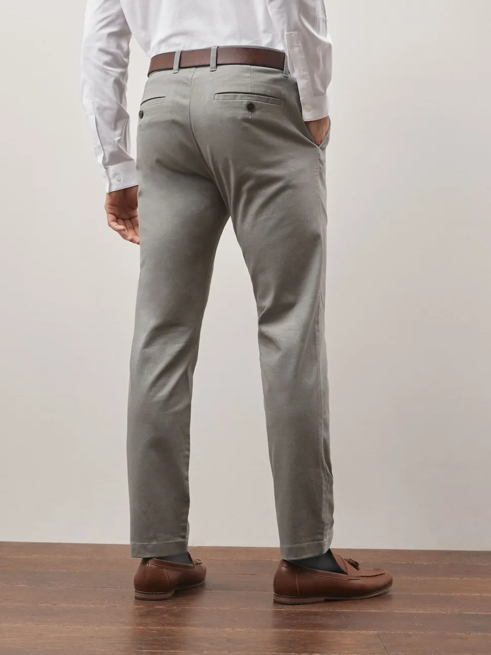 Grey Slim Fit Printed Belted Soft Touch Chino Trousers