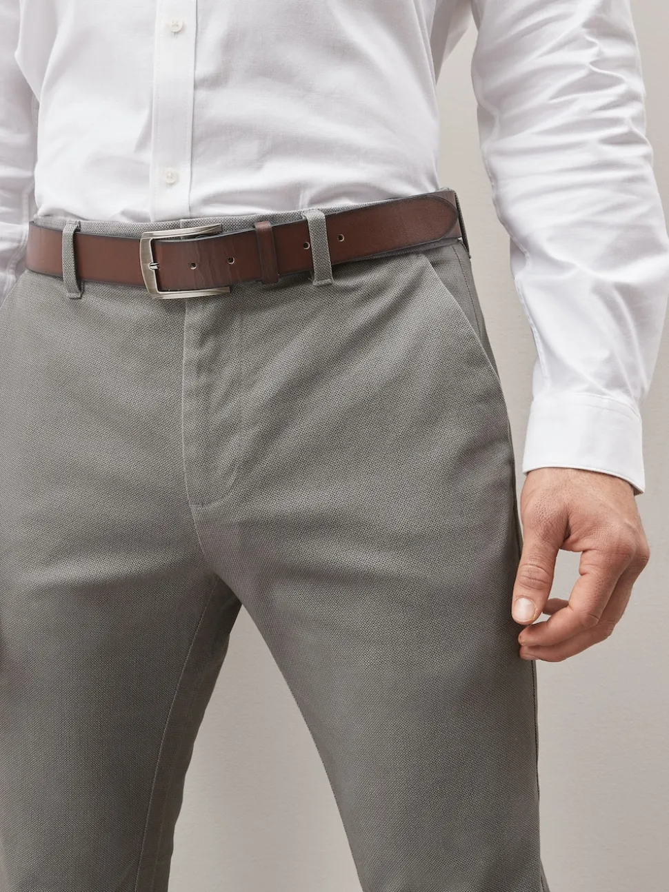 Grey Slim Fit Printed Belted Soft Touch Chino Trousers