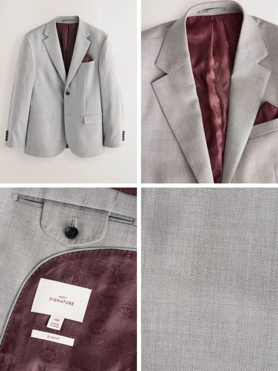 Grey Slim Fit Signature Tollegno Italian Wool Textured Suit Jacket