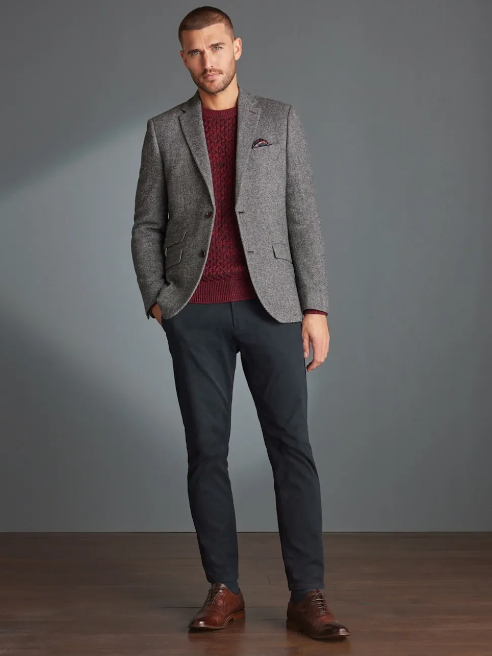 Grey Slim Fit Signature Wool Blend Herringbone Nova Fides Blazer