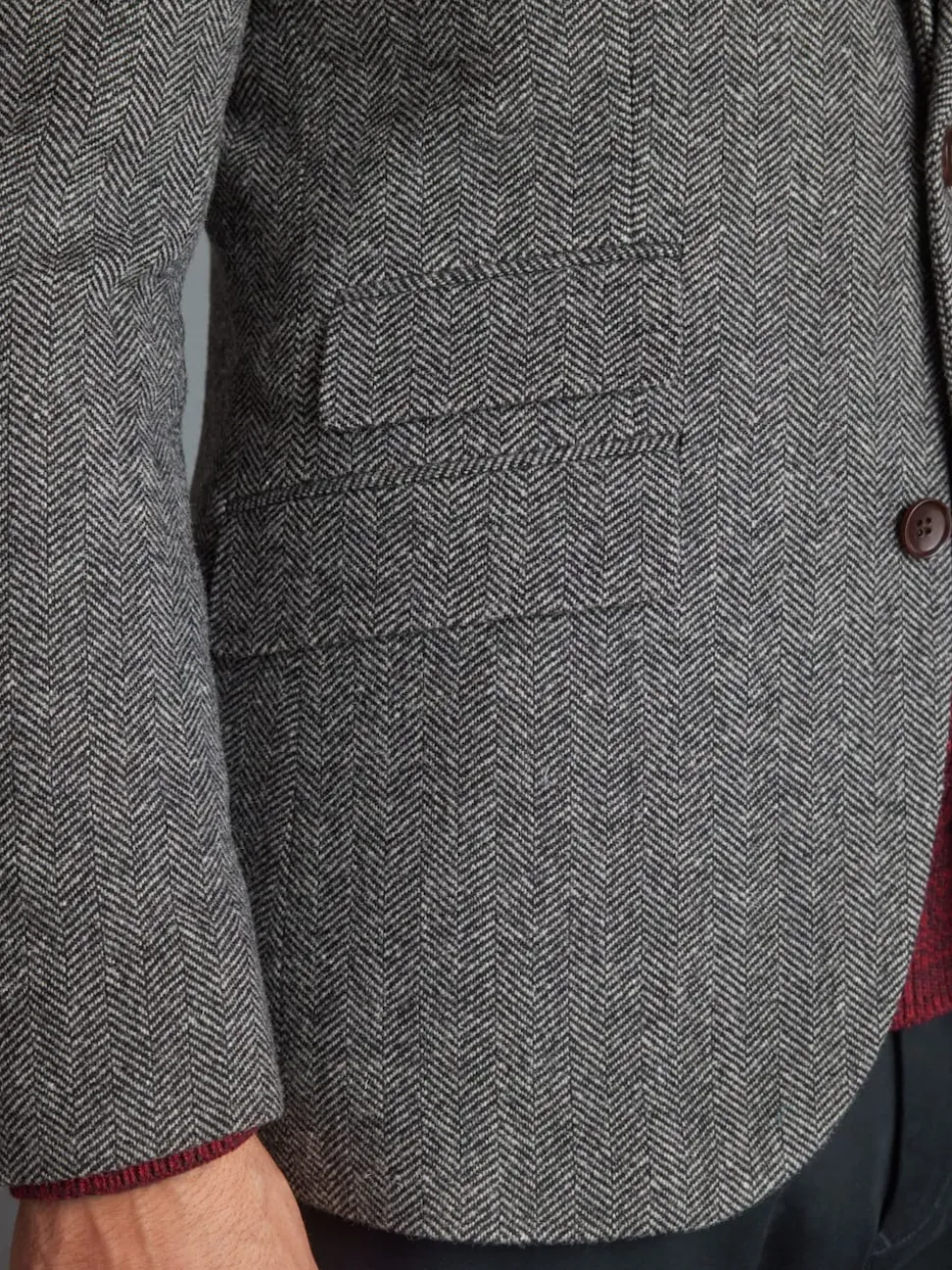 Grey Slim Fit Signature Wool Blend Herringbone Nova Fides Blazer