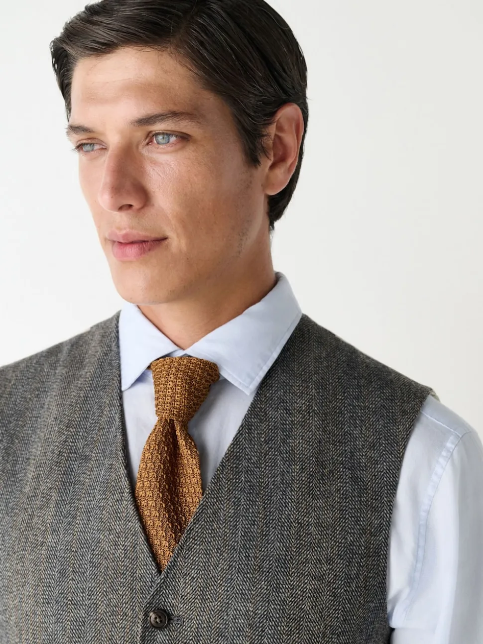 Grey Slim Fit Wool Blend Herringbone Stripe Suit Waistcoat