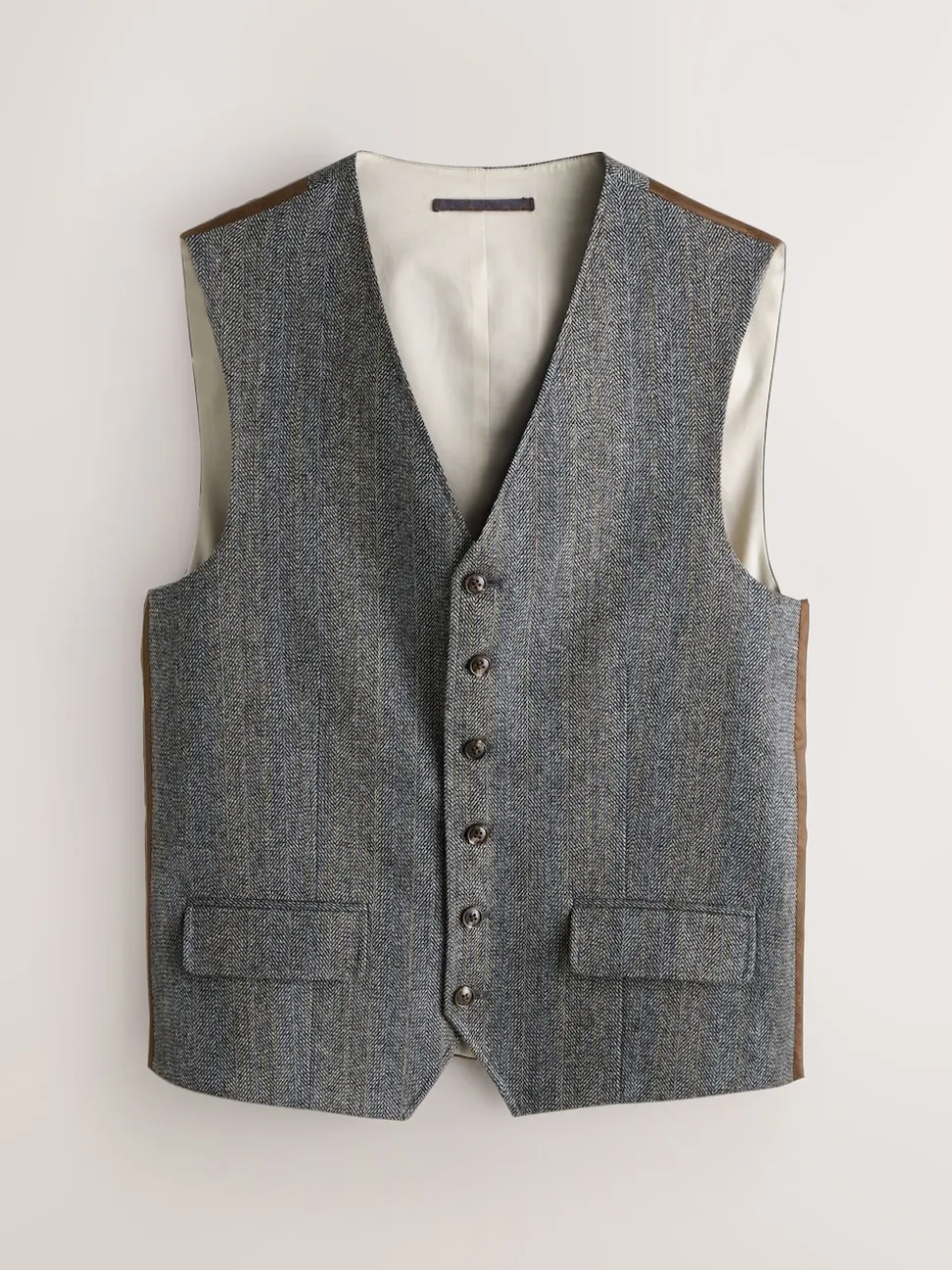 Grey Slim Fit Wool Blend Herringbone Stripe Suit Waistcoat