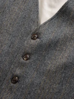 Grey Slim Fit Wool Blend Herringbone Stripe Suit Waistcoat
