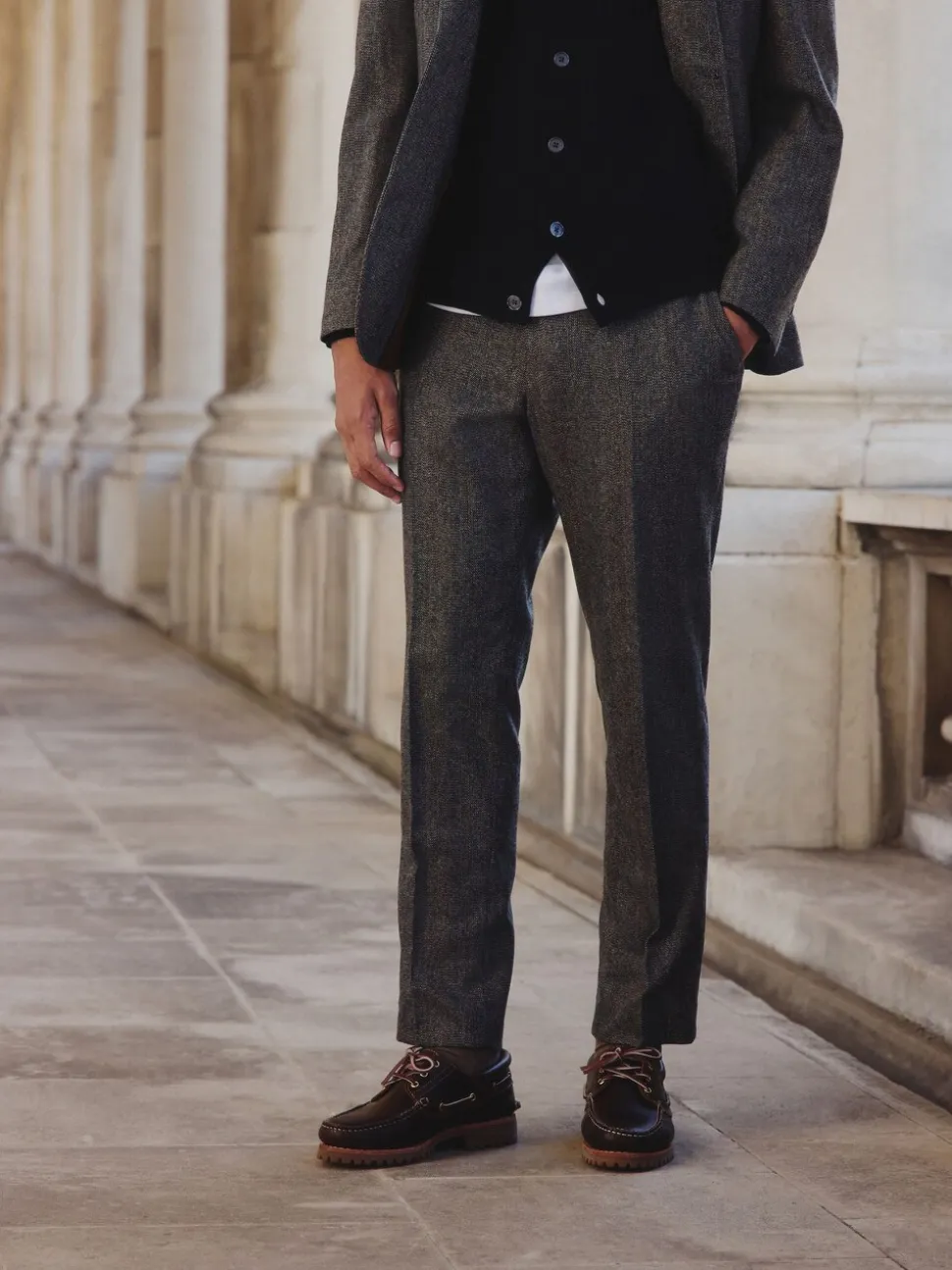 Grey Slim Fit Wool Blend Herringbone Stripe Suit Trousers