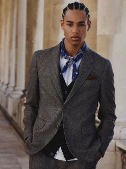 Grey Slim Fit Wool Blend Herringbone Stripe Suit Jacket