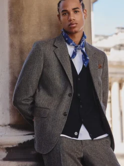 Grey Slim Fit Wool Blend Herringbone Stripe Suit Jacket