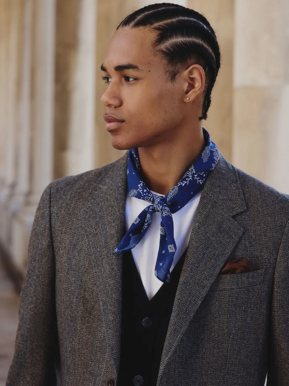 Grey Slim Fit Wool Blend Herringbone Stripe Suit Jacket