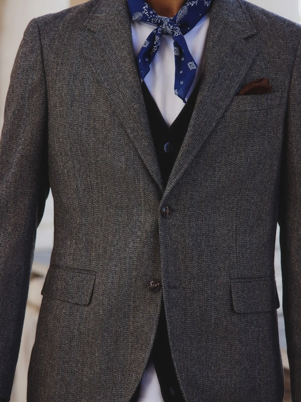Grey Slim Fit Wool Blend Herringbone Stripe Suit Jacket