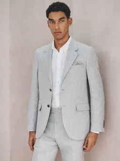 Grey Tailored Fit Linen Blend Texture Suit Jacket