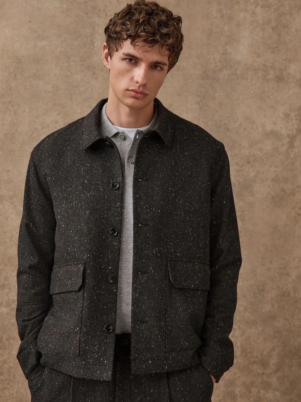 Grey Textured Herringbone Jacket With Wool