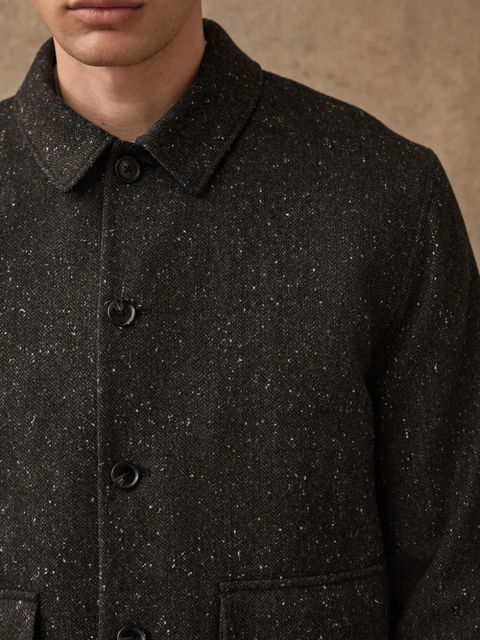Grey Textured Herringbone Jacket With Wool