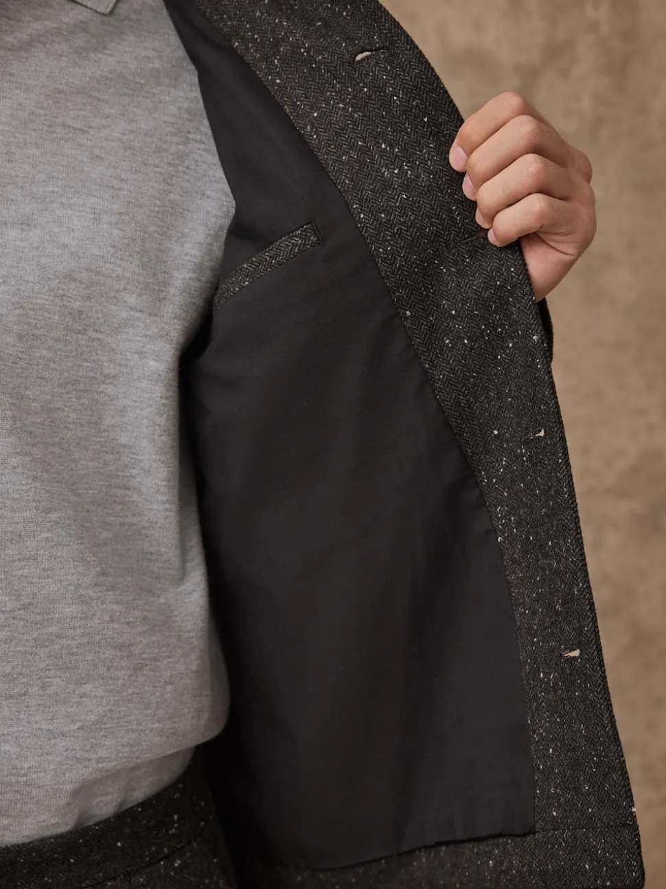 Grey Textured Herringbone Jacket With Wool