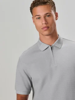 Grey Textured Smart Zip Neck Polo Shirt