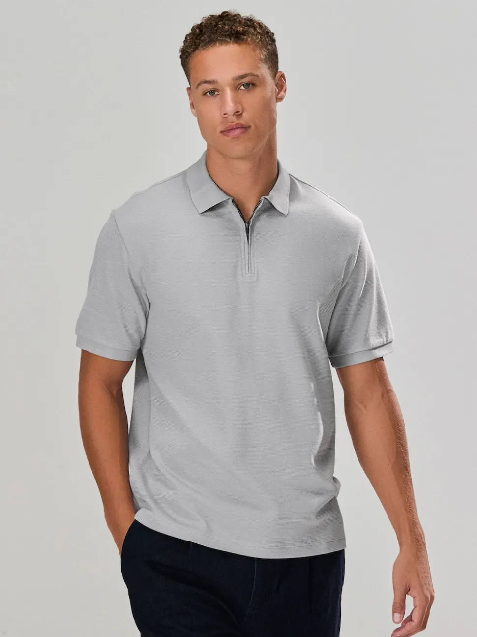 Grey Textured Smart Zip Neck Polo Shirt