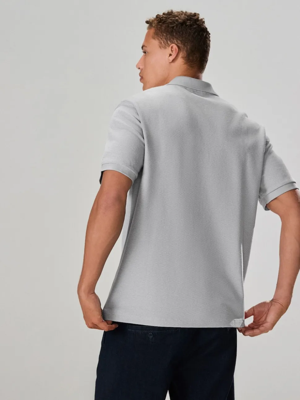 Grey Textured Smart Zip Neck Polo Shirt