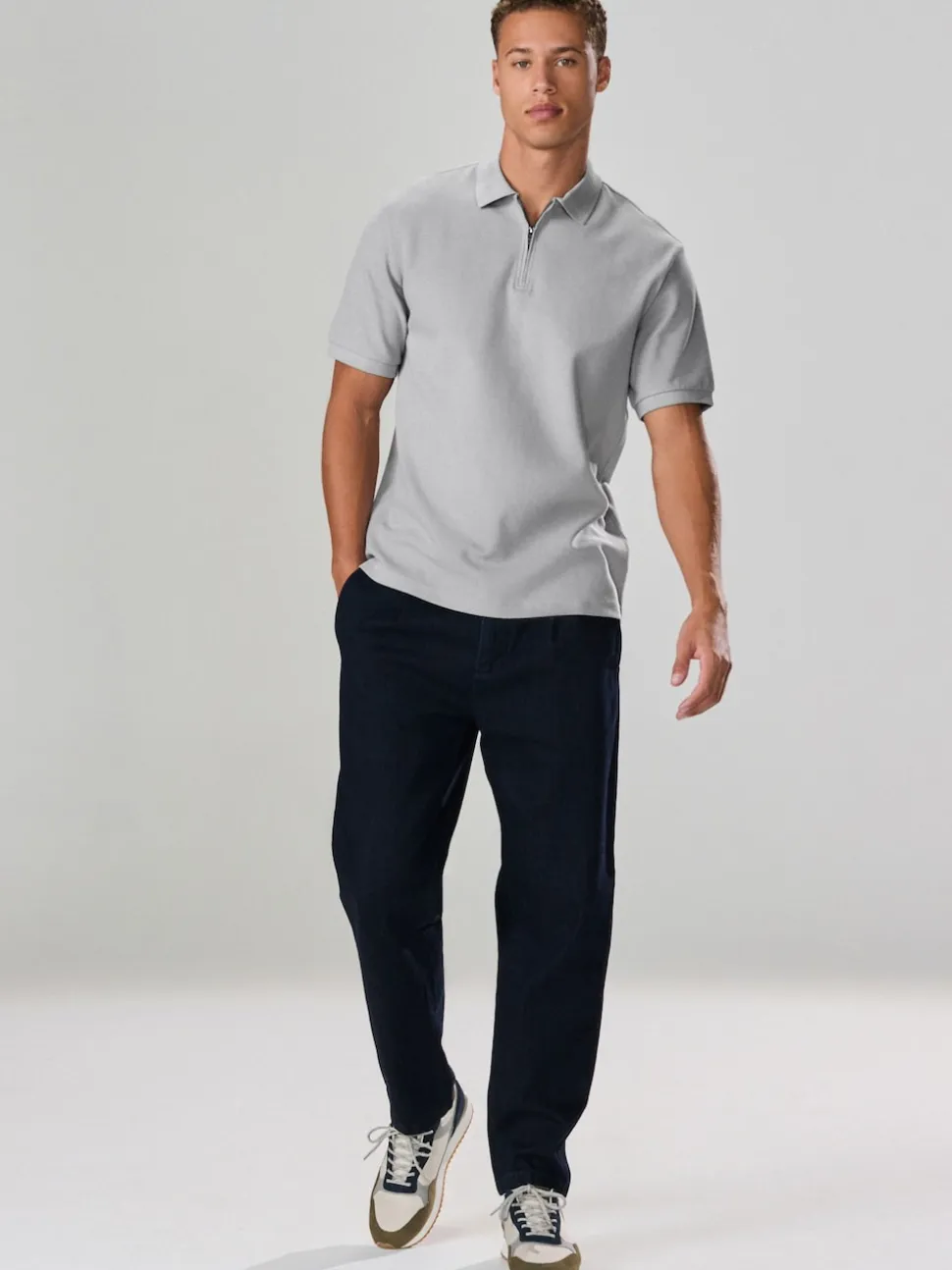 Grey Textured Smart Zip Neck Polo Shirt