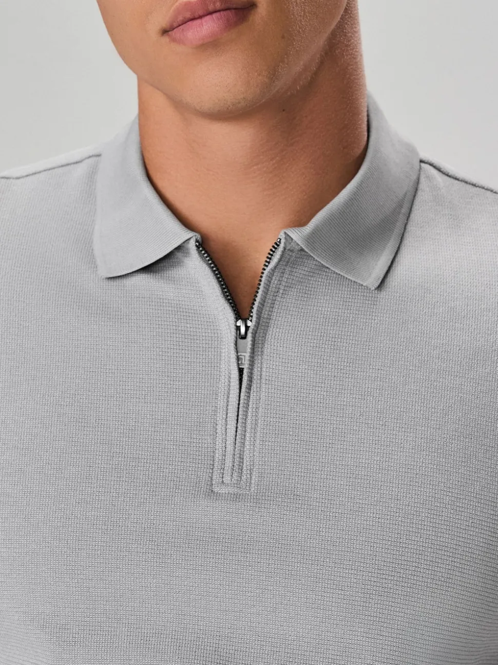 Grey Textured Smart Zip Neck Polo Shirt