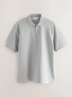 Grey Textured Smart Zip Neck Polo Shirt