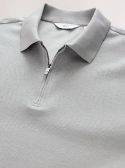 Grey Textured Smart Zip Neck Polo Shirt