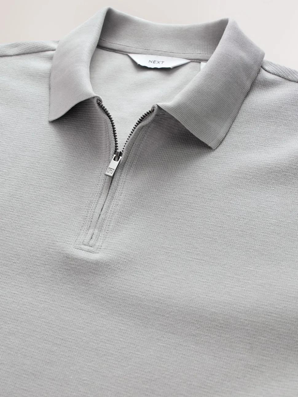 Grey Textured Smart Zip Neck Polo Shirt