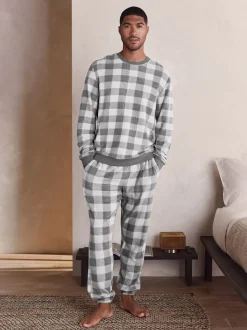 Grey Thermal Fleece Check Long Sleeve Cuffed Pjyamas Set