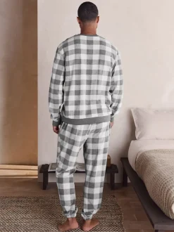 Grey Thermal Fleece Check Long Sleeve Cuffed Pjyamas Set