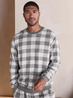 Grey Thermal Fleece Check Long Sleeve Cuffed Pjyamas Set