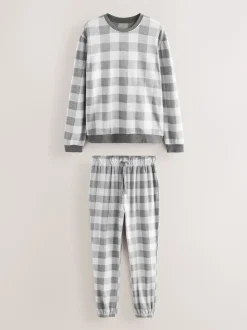 Grey Thermal Fleece Check Long Sleeve Cuffed Pjyamas Set