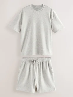 Grey Towelling Short Sleeve Pyjamas Set