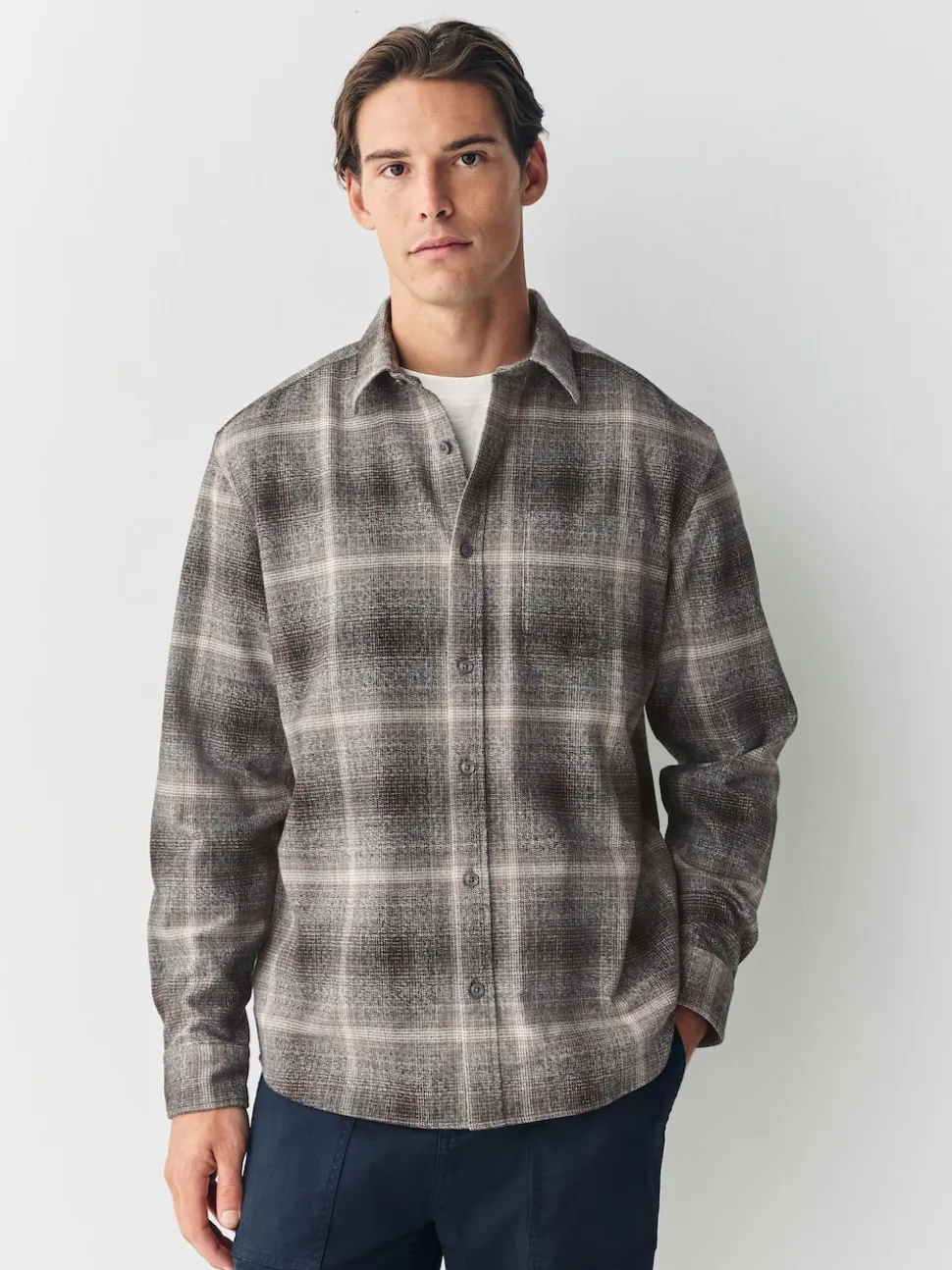 Grey Western Style Ombre Check Long Sleeve Shirt