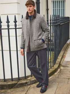Grey Wool Blend Herringbone Quilted Corduroy Collar Jacket