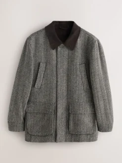 Grey Wool Blend Herringbone Quilted Corduroy Collar Jacket