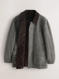 Grey Wool Blend Herringbone Quilted Corduroy Collar Jacket