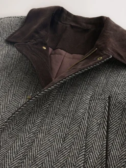 Grey Wool Blend Herringbone Quilted Corduroy Collar Jacket