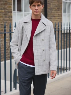 Grey Wool Blend Soft Touch Check Pea Coat