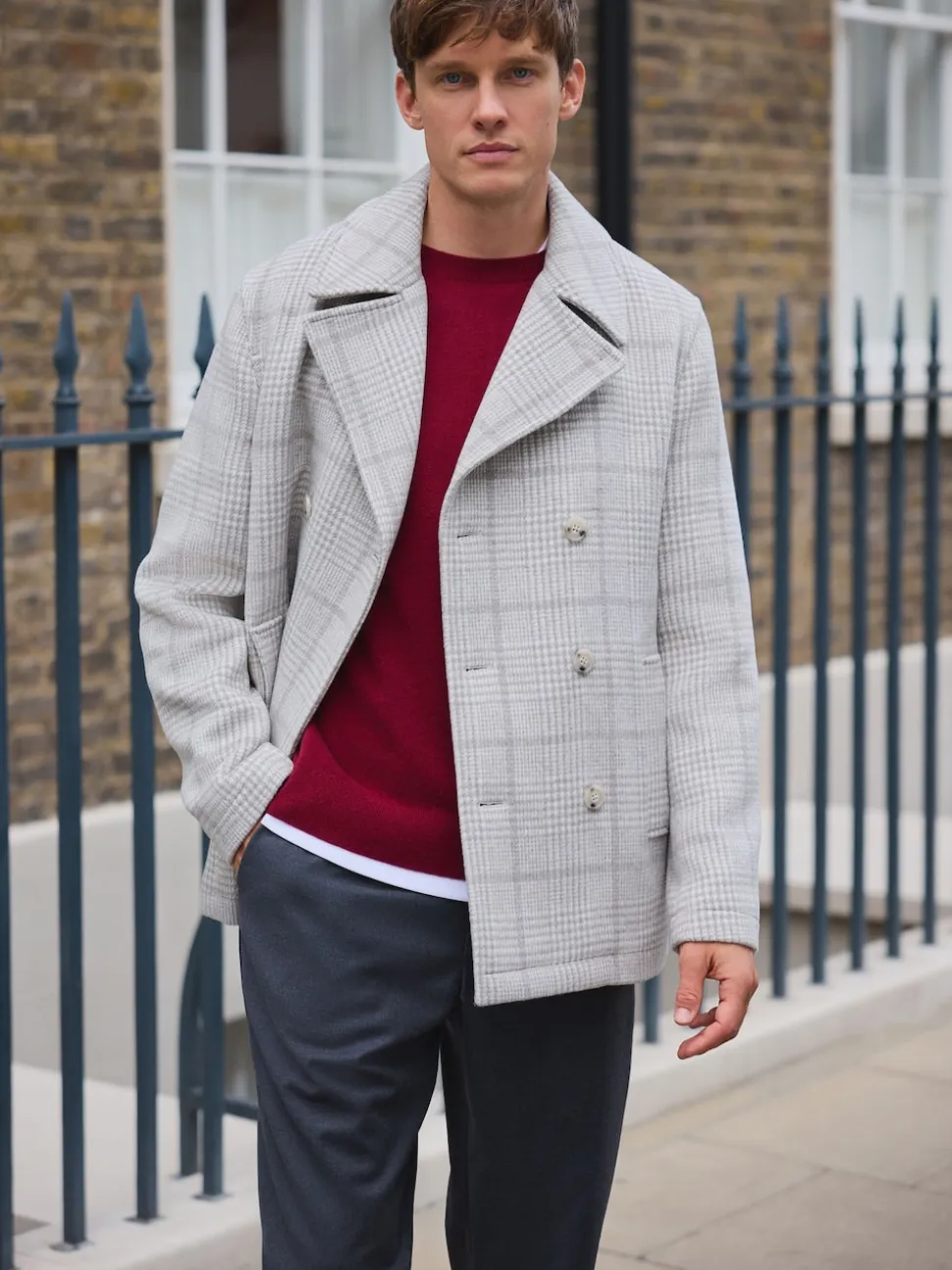 Grey Wool Blend Soft Touch Check Pea Coat