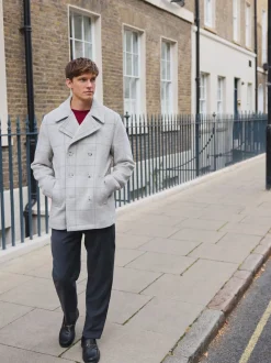 Grey Wool Blend Soft Touch Check Pea Coat
