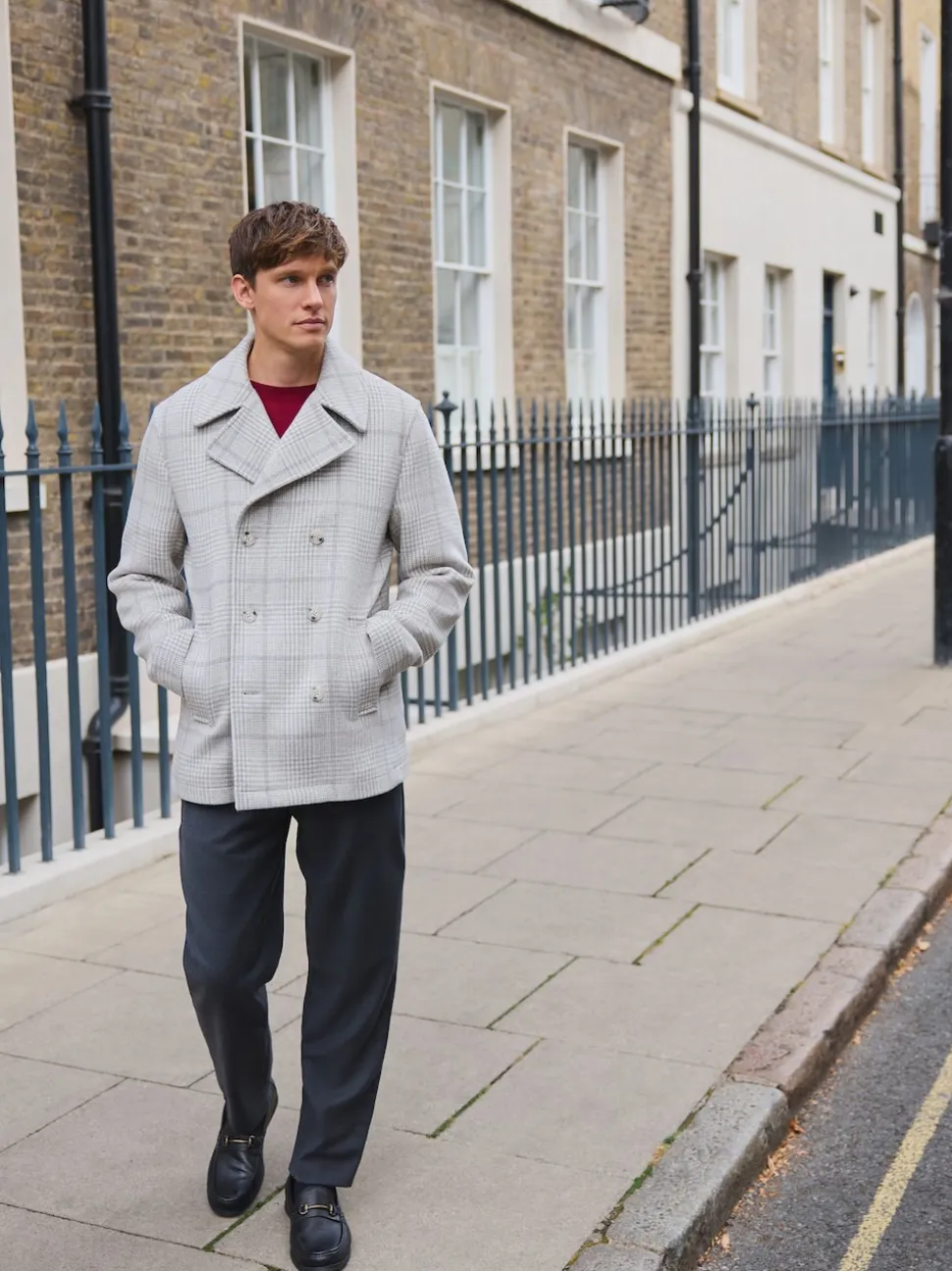 Grey Wool Blend Soft Touch Check Pea Coat