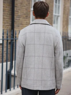 Grey Wool Blend Soft Touch Check Pea Coat