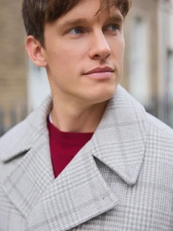 Grey Wool Blend Soft Touch Check Pea Coat